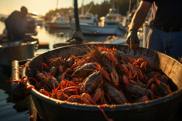 A fisherman sorts seafood on a boat.