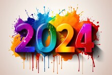2024 Happy New Year Celebration Banner With Colorful 3D Numbers Made Of Colorful Paint Splashes Isolated On White Background, Generative Ai