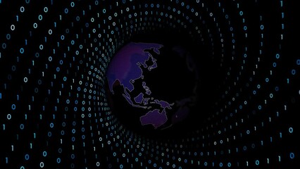 Wall Mural - blue red earth planet inside digital binary code tunnel loop rotation.