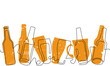 Horizontal seamless pattern with beer bottles and glasses isolated on white background. Vector illustration.