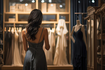 Wall Mural - A woman chooses a luxurious dress in a store.