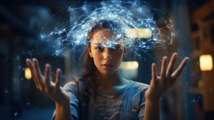 a businesswoman's hand confidently touching a digital neural network interface on a futuristic device, symbolizing the synergy between technology and business.