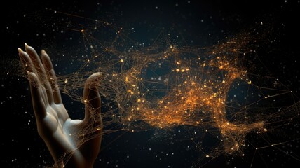 a businesswoman's hand confidently touching a digital neural network interface on a futuristic device, symbolizing the synergy between technology and business.