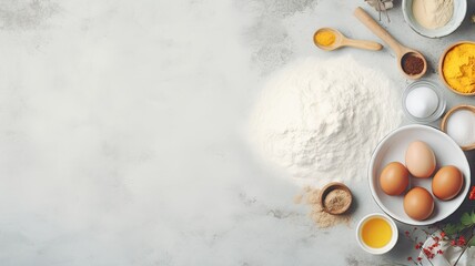 Wall Mural - neatly arranged baking ingredients like flour, eggs, a rolling pin, and kitchen textiles on a minimalist light gray concrete backdrop. The composition allows for adding informative text.