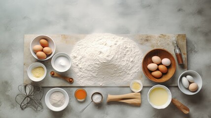 Wall Mural - neatly arranged baking ingredients like flour, eggs, a rolling pin, and kitchen textiles on a minimalist light gray concrete backdrop. The composition allows for adding informative text.