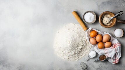 Wall Mural - neatly arranged baking ingredients like flour, eggs, a rolling pin, and kitchen textiles on a minimalist light gray concrete backdrop. The composition allows for adding informative text.