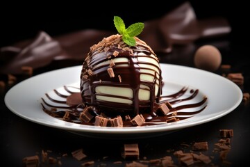Wall Mural - A delicious chocolate covered dessert is presented on a white plate. This mouthwatering treat is perfect for any sweet occasion.