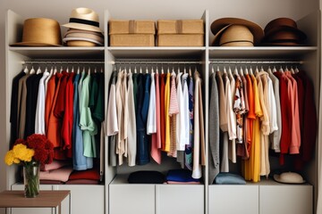 Canvas Print - A closet filled with a wide variety of clothes and hats. Perfect for fashion enthusiasts and costume designers.