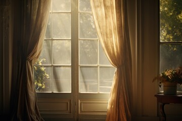 Wall Mural - a window with a curtain and a potted plant in front of it. perfect for adding a touch of nature to a