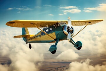 Wall Mural - a compact yellow and blue airplane soaring through the sky. ideal for aviation enthusiasts and trave