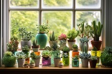 A Window Sill Filled With An Abundance Of Potted Plants. Perfect For Adding A Touch Of Nature And Greenery To Any Space.