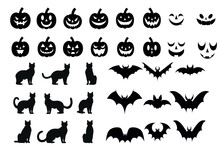 Halloween Silhouettes Black Icon And Character Set: Vampire Vector Illustration, Bat, Scary Tree, Jack O Lantern Face, Pumpkin, Black Cat- Isolated On Transparent Background, Png
