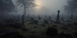 A Backdrop of an Old Graveyard at Dusk Shrouded in Fog
