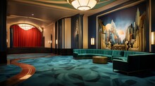 An Art Deco Cinema Lobby With Ornate Moldings, Plush Carpeting, And Vintage Movie Posters