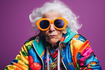 Wall Mural - Portrait of an elderly woman in bright clothes and sunglasses on a purple background.