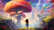 A Girl Standing In Front Of A Rainbow - Colored Mushroom Forest