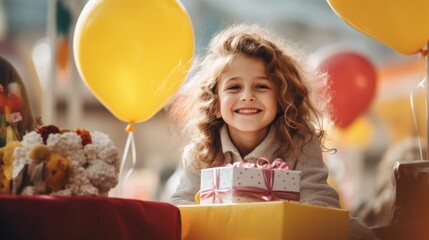 A little girl holding a present in front of a bunch of balloons