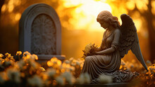 Statue Of An Angel Next To A Gravestone At A Cemetery