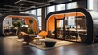 a modern tech startup office with open workspaces, collaborative pods, and a modern aesthetic