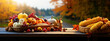 Thanksgiving harvest basket on fall background. Thanksgiving cornucopia fall scene with pumpkins squash on wood table at sunset