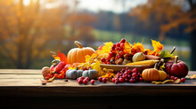 Thanksgiving Harvest Basket On Fall Background. Thanksgiving Cornucopia Fall Scene With Pumpkins Squash On Wood Table At Sunset
