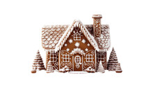 a gingerbread house with snow falling on the roof isolated on a transparent background, generative ai