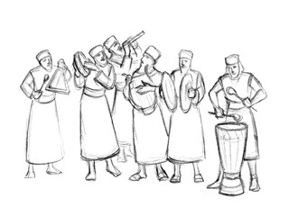 Wall Mural - An ancient orchestra is playing. Pencil drawing