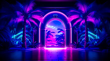 Purple And Blue Room With Palm Trees And Neon Light At The End Of The Room.