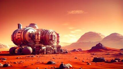 Wall Mural - Futuristic space station sits in the middle of barren area with mountains in the background.