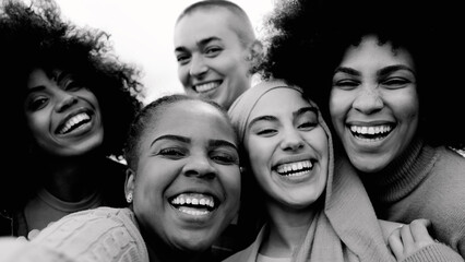 Wall Mural - Happy group of multiracial women having fun outdoors - Real people from different ethnicity celebrating outdoors - Lifestyle and youth culture concept - Black and white editing