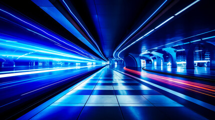 Sticker - Long exposure photo of subway tunnel with blue and red light streaks.