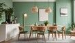 Mid-century modern interior - mint color chairs at wooden dining table in room with sofa and cabinet, green wall, Scandinavian style living room