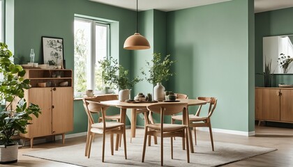 Mid-century modern interior - mint color chairs at wooden dining table in room with sofa and cabinet, green wall, Scandinavian style living room