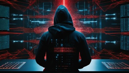 Black hoodie hacker with network of glowing data and intricate code - cybersecurity