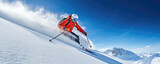 Skier carving down a powdery slope against a clear blue sky