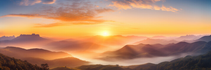 Canvas Print - panorama, sun rising over a mountain range, valleys filled with mist, vibrant sky transitioning from