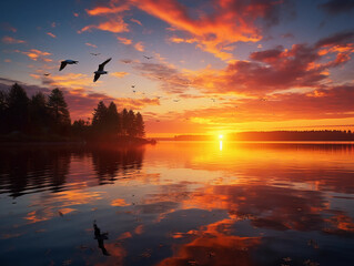 Wall Mural - sunrise over a tranquil lake, calm water reflecting the vibrant colors of the sky, birds flying low