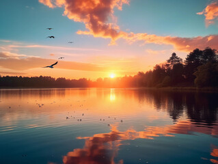 Wall Mural - sunrise over a tranquil lake, calm water reflecting the vibrant colors of the sky, birds flying low