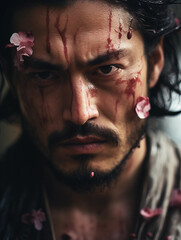 Wall Mural - Japanese Ronin's face, intense gaze, unwashed and gritty, cherry blossom petals sticking to his sweaty skin