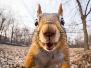 close-up portrait of a curious squirrel. detailed image of the muzzle. a wild animal is looking at s