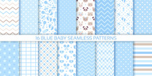 Baby Boy Seamless Pattern. Blue Scrapbook Backgrounds. Vector Illustration.