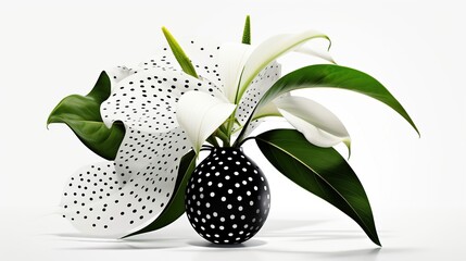 An unreal flower in a black ceramiс vase with a white dot. Illustration for cover, card, postcard, interior design, decor or print.