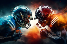 Super Bowl Players Versus. American Football Player. Sportsman With Ball In Helmet On Stadium In Action. Sport And Motivation