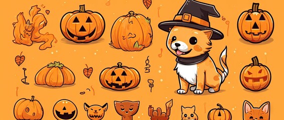 Wall Mural - pumpkin dog illustrations with halloween decorations Generative AI