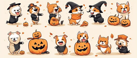 Wall Mural - cute halloween hand drawn dog illustration set Generative AI