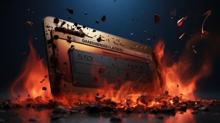 A credit card burnt in flames on black background.