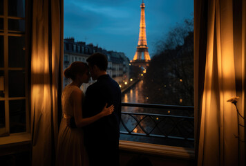 Poster - Couple in Paris through a bedroom window.