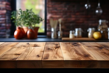 Wall Mural - wooden Table background on blurred kitchen