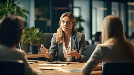 Poster - Multiracial leader is having business meeting with colleagues at the office.