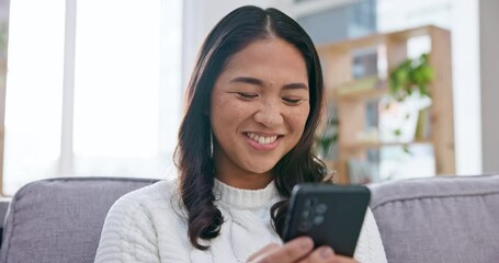 Poster - Woman, smile and typing on smartphone in home, reading social media notification or update subscription app. Happy asian person, cellphone and download mobile games, search network or contact on sofa